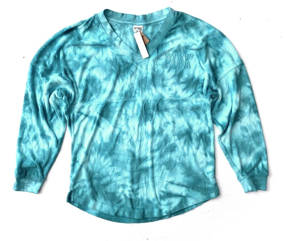 PINK Victoria's Secret Terry Cloth Logo Varsity Sweater Top Tie Dye XS